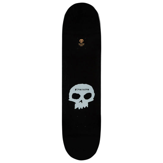 Black skateboard deck with a white skull design on a white background
