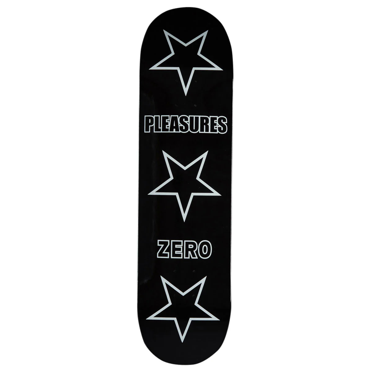 Black skateboard deck with white star designs and 'Pleasures' and 'Zero' branding on a white background