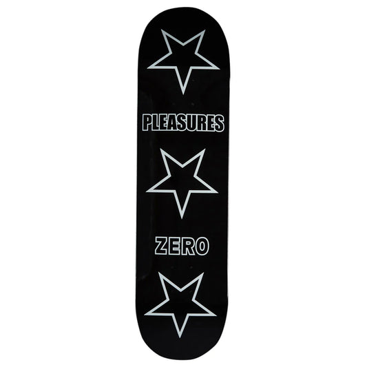 Black skateboard deck with white star designs and 'Pleasures' and 'Zero' branding on a white background