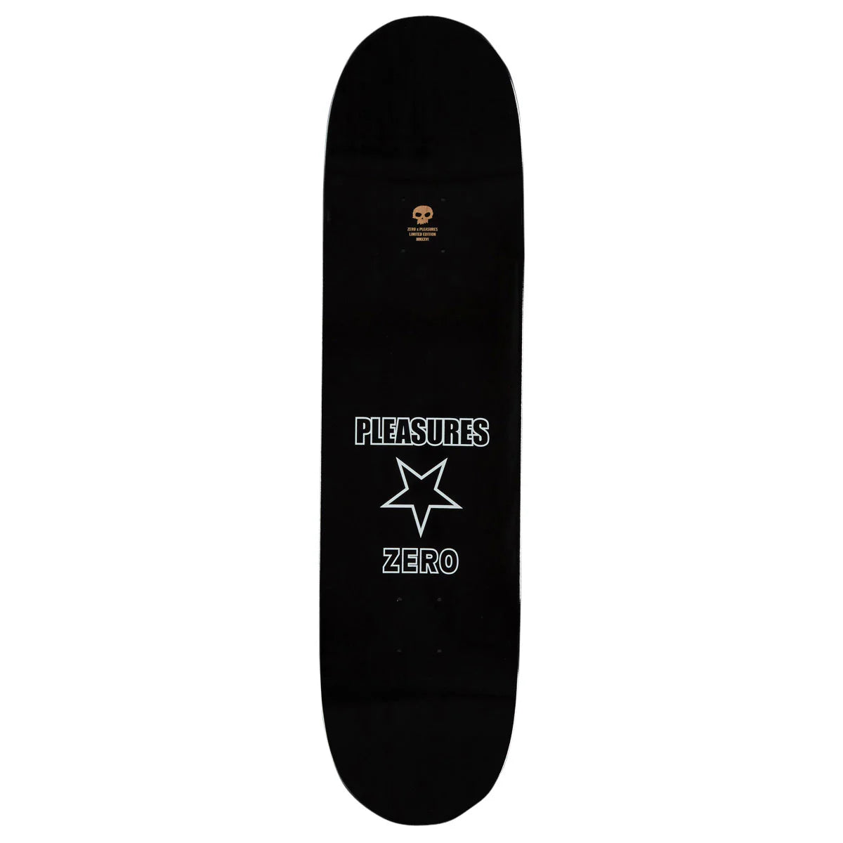 Black skateboard deck with 'Pleasures' and 'Zero' branding on a white background