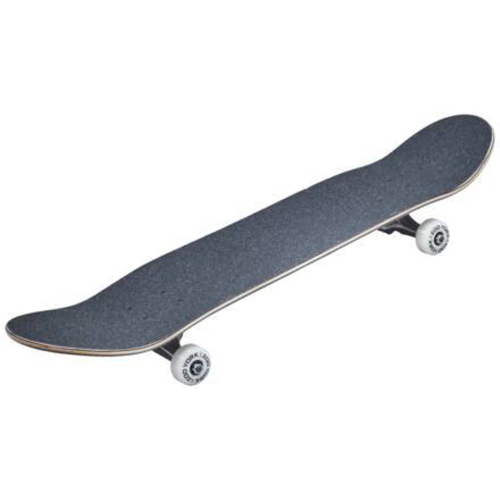 Skateboard with a black deck and white wheels on a white background