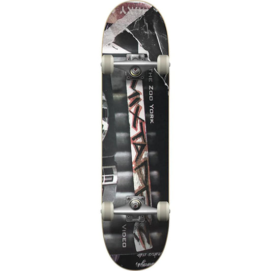 Skateboard with a black and red design on a white background