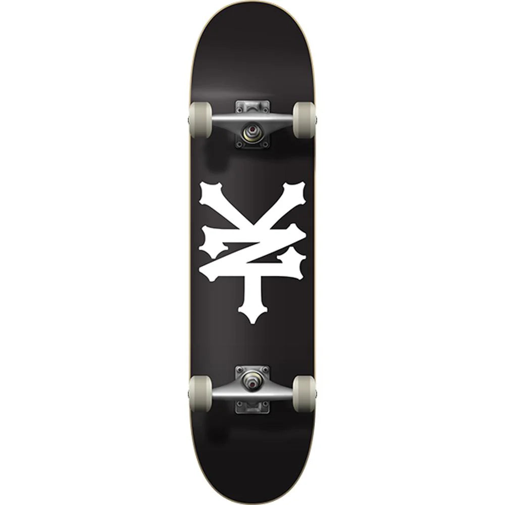 Black skateboard deck with a white logo on a white background