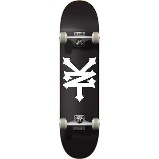 Black skateboard deck with a white logo on a white background