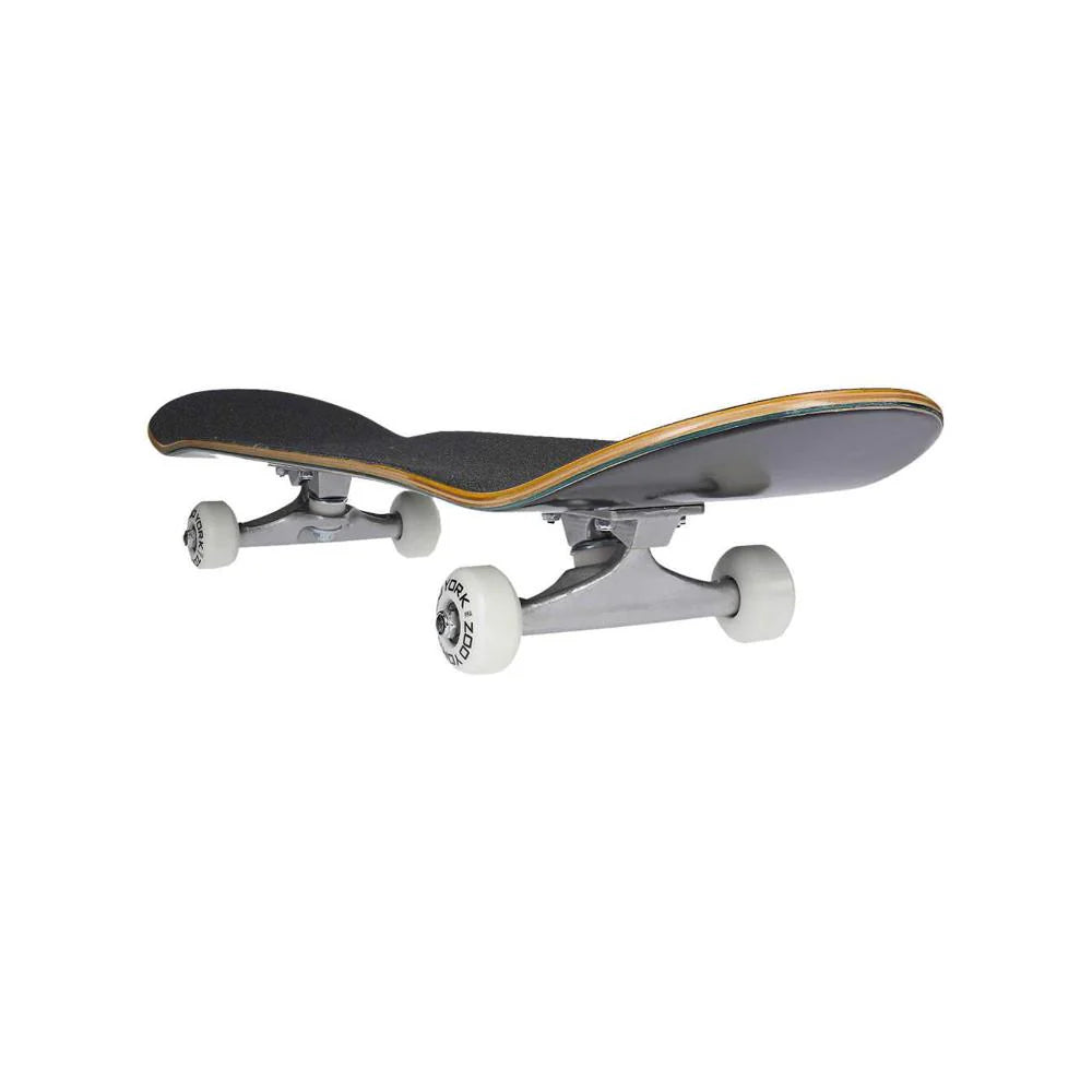 Skateboard with a black deck and white wheels on a white background