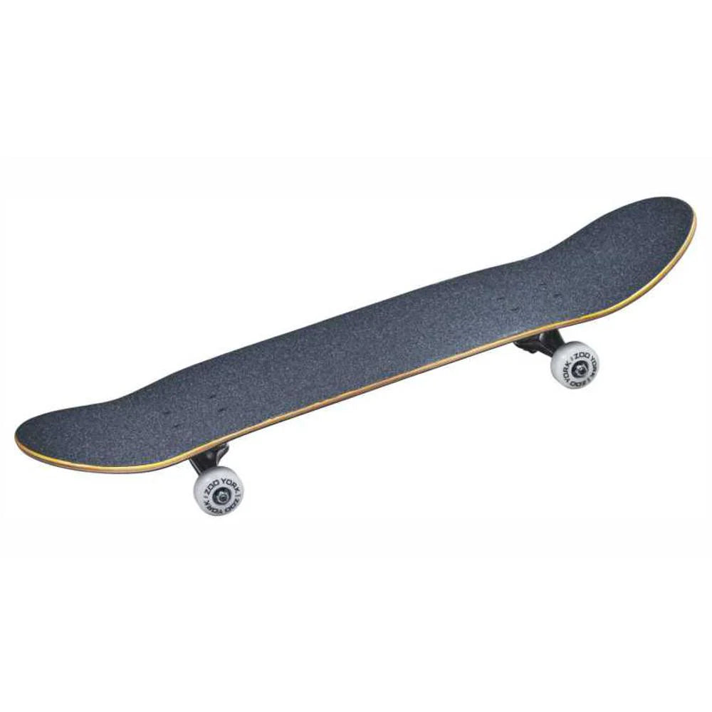 Skateboard with a black deck and white wheels on a white background