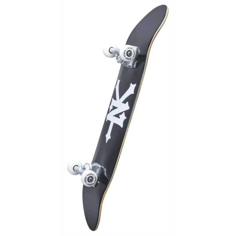 Skateboard with a black deck and white logo on a white background