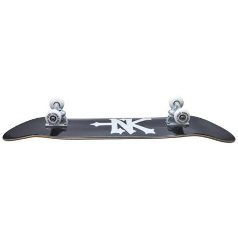 Skateboard with a black deck and white logo on a white background