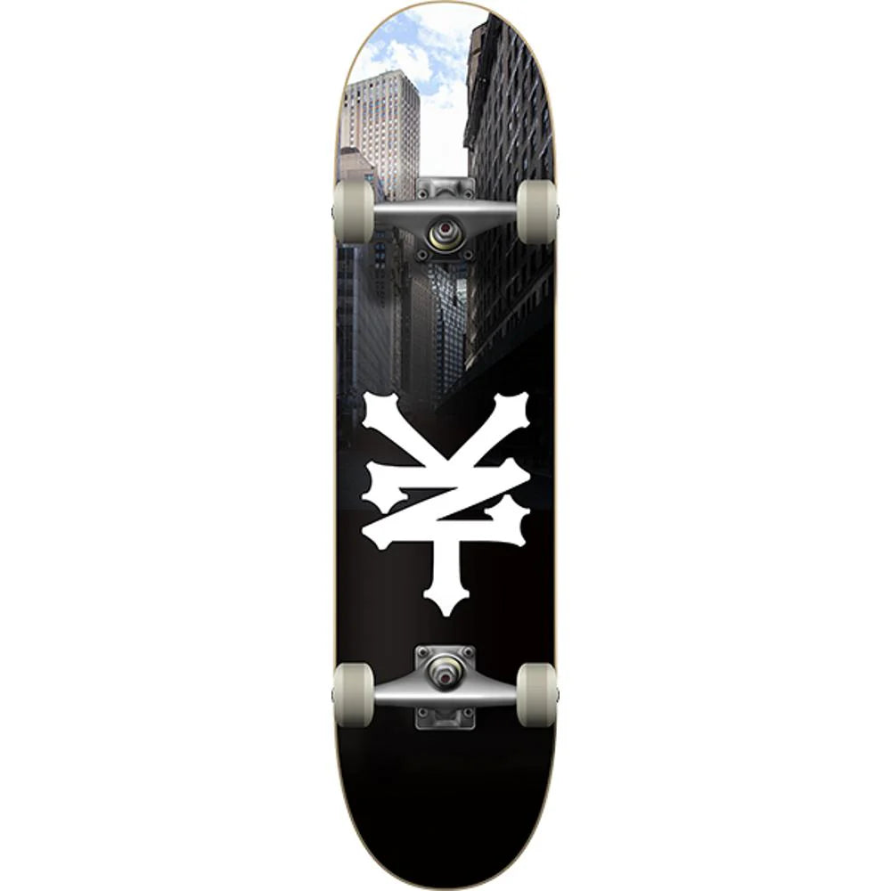 Skateboard with a white logo on a black background
