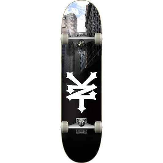 Skateboard with a white logo on a black background