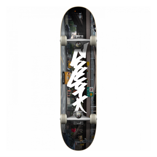 Skateboard with a black and white design on a white background