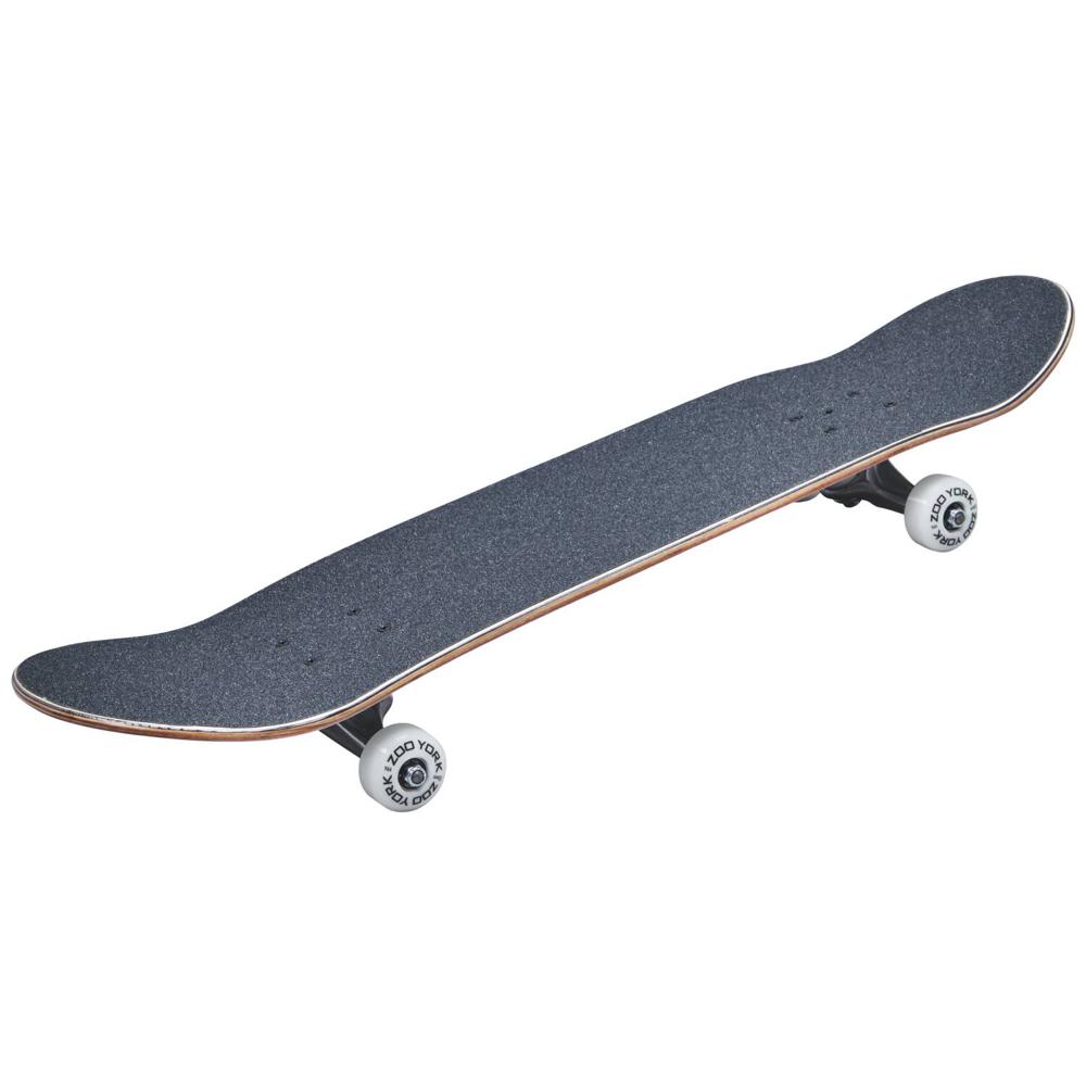 Skateboard with a black deck and white trucks on a white background