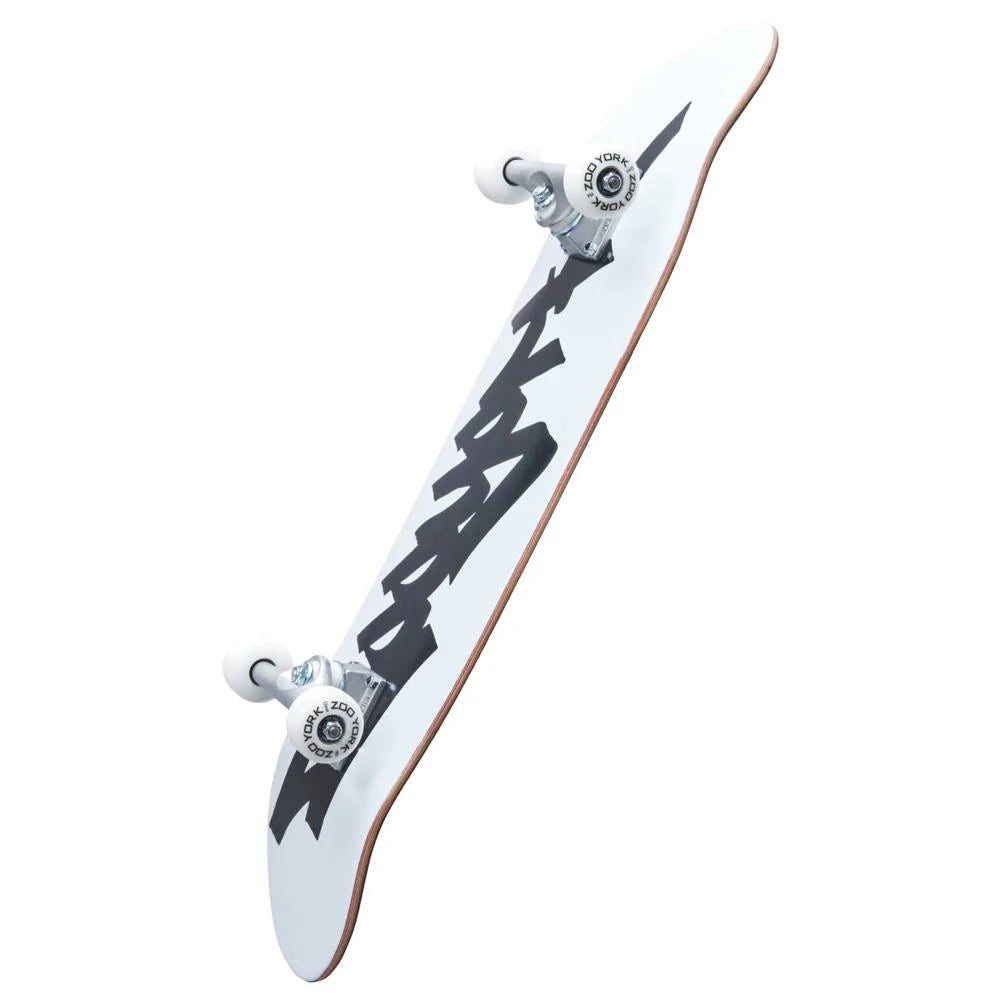 White skateboard deck with black graphics on a white background
