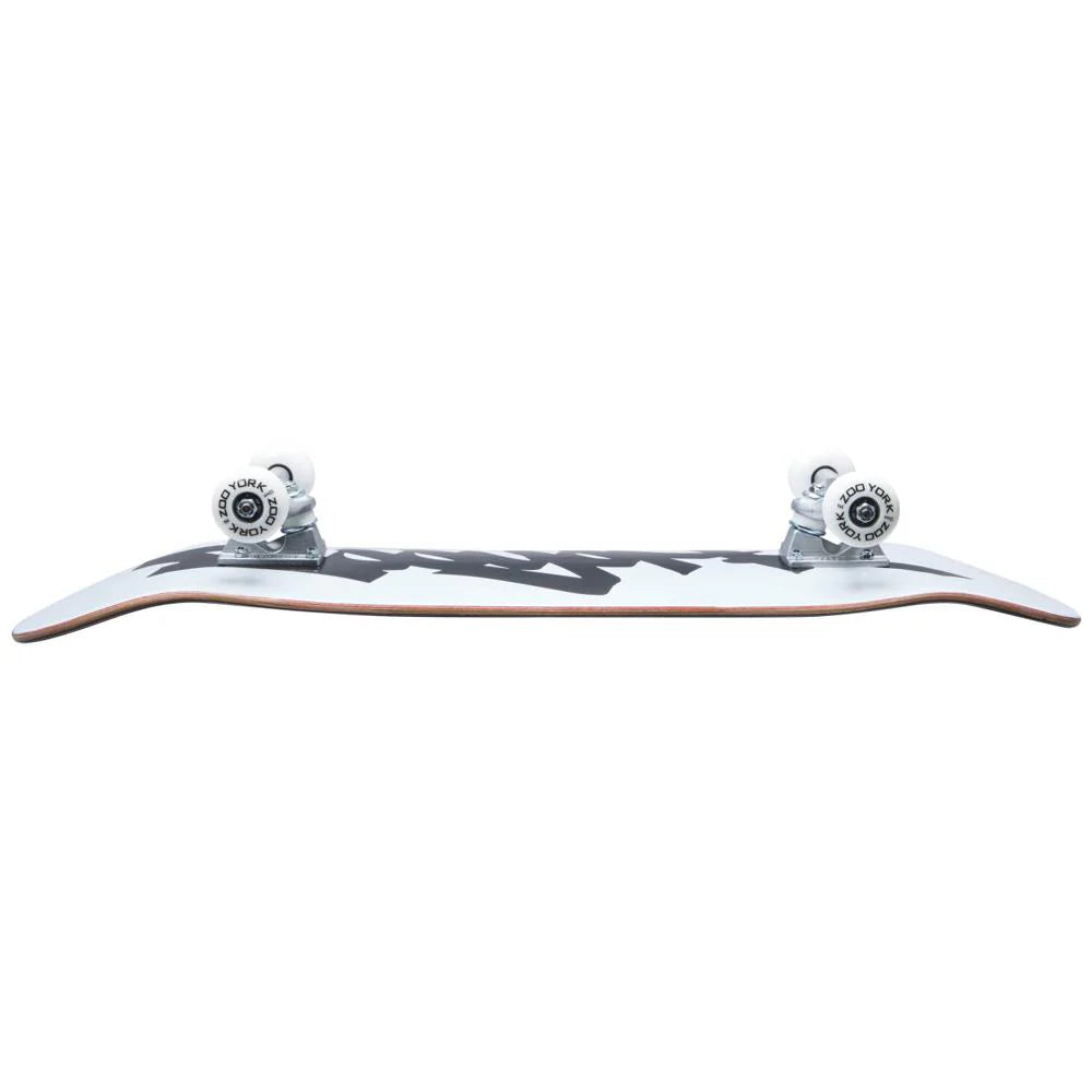 Skateboard with a white deck and black graphics on a white background