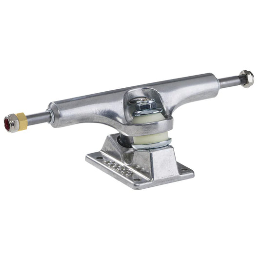 Skateboard truck with silver metal finish on a white background