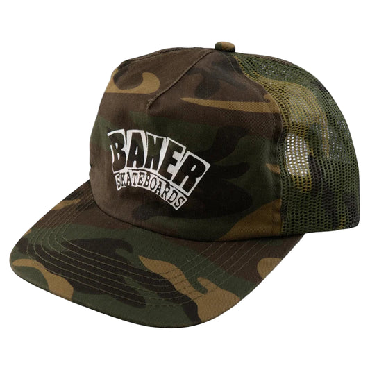 Camouflage cap with mesh back and Baker Skateboards logo on a white background