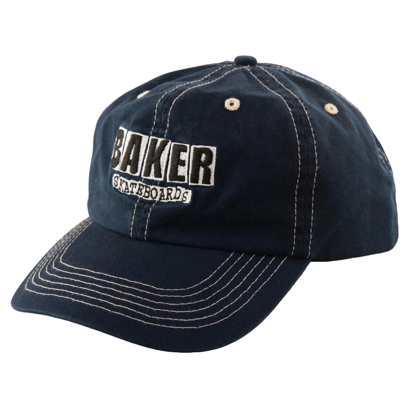 Navy blue cap with 'Baker Skateboards' logo on a white background