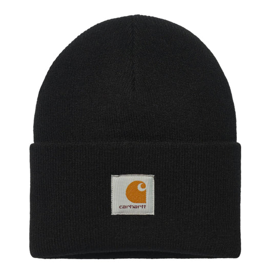 Black beanie with Carhartt logo on a light gray background