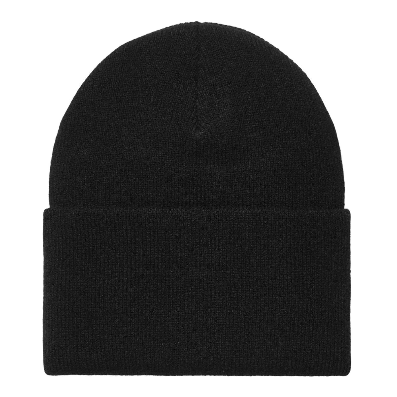 Black beanie hat on a light gray background
