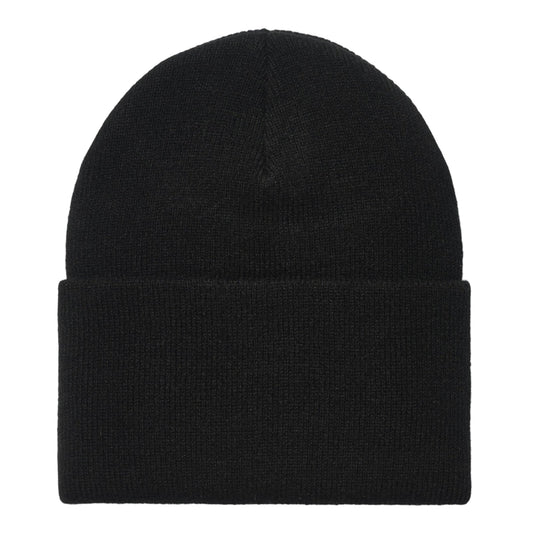 Black beanie hat on a light gray background