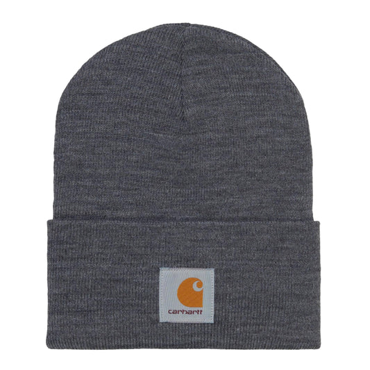 Gray beanie with Carhartt logo on a light gray background