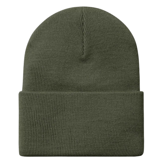 Green beanie on a light gray background