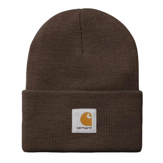 Brown knit beanie with Carhartt logo on a white background
