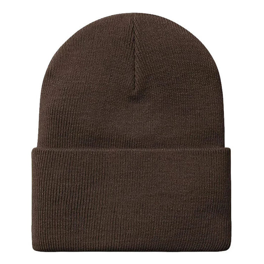 Brown knit beanie on a white background