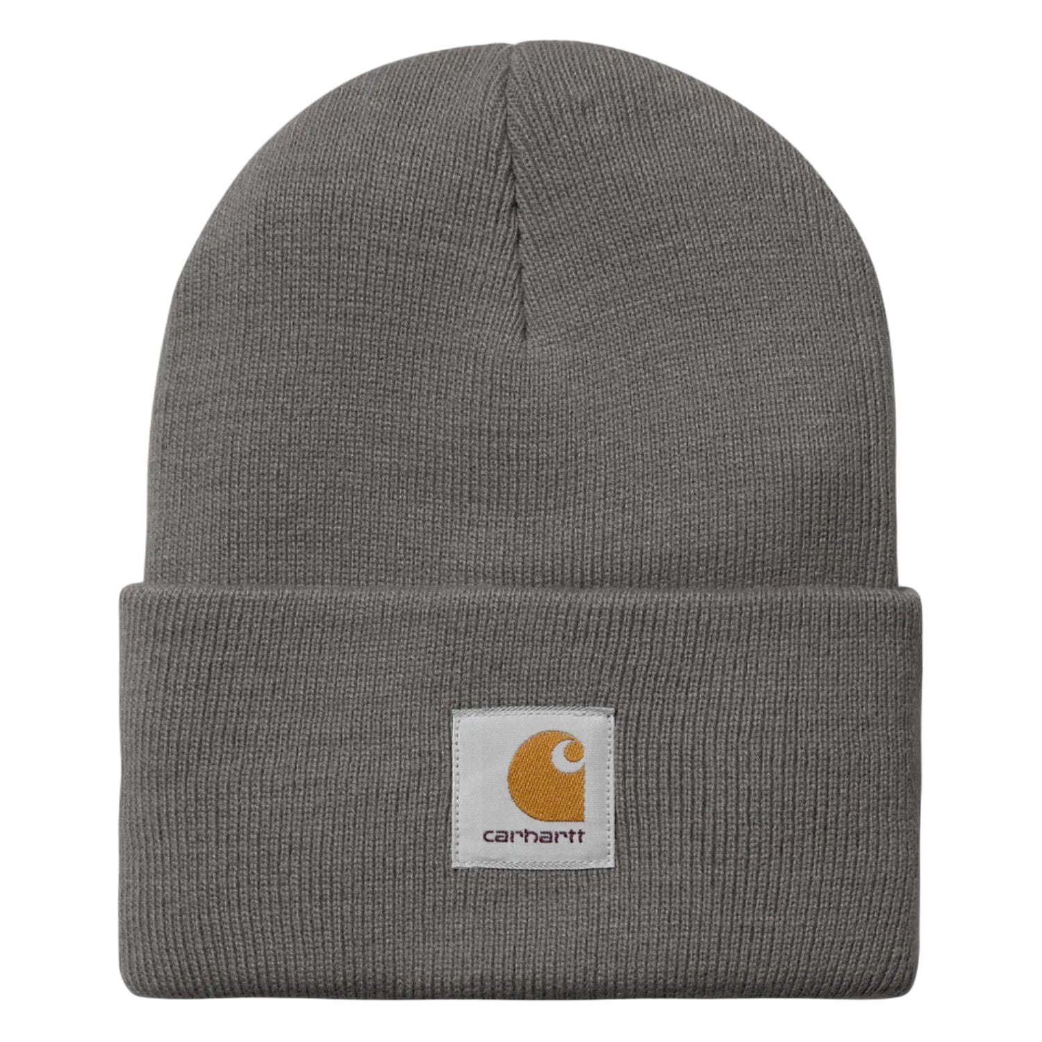 Gray knit beanie with Carhartt logo on a white background