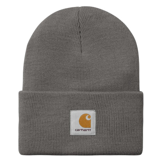 Gray knit beanie with Carhartt logo on a white background