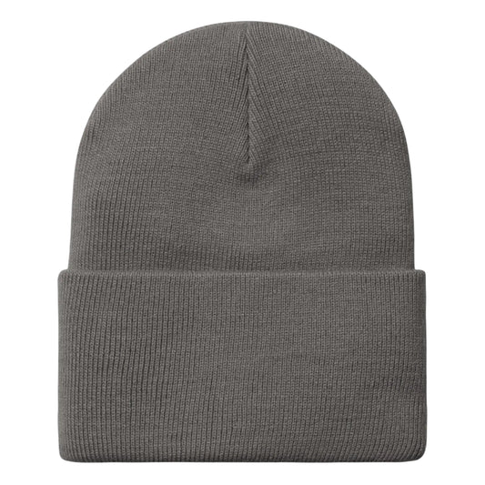 Gray knit beanie on a light gray background