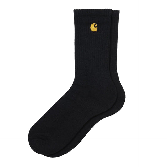 Black sock with a yellow logo on a white background