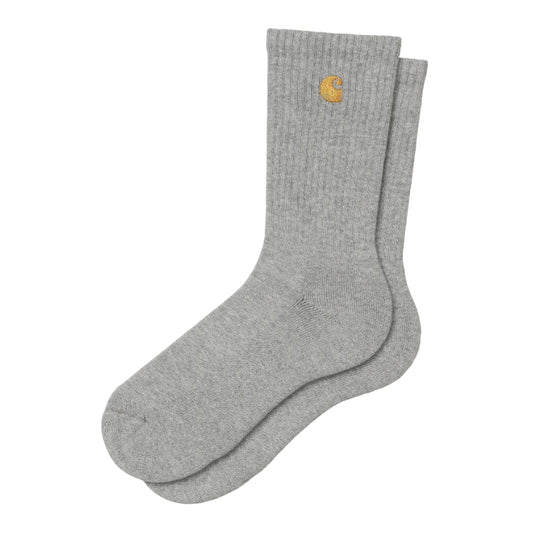 Pair of gray socks with a brand logo on a white background
