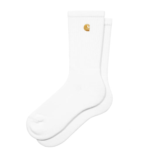 White sock with a gold tag on a white background