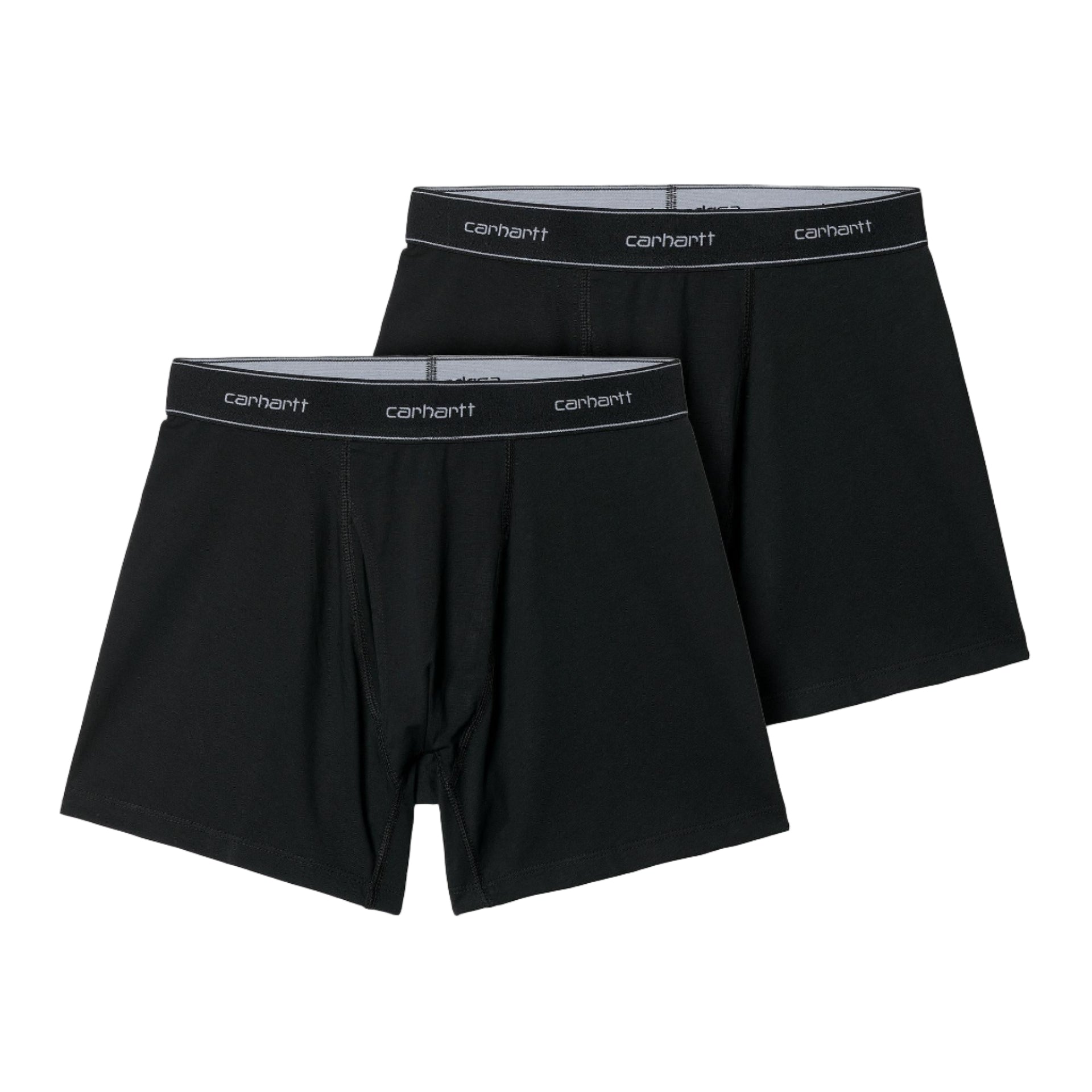Two pairs of black boxer briefs with Carhartt waistband on a white background