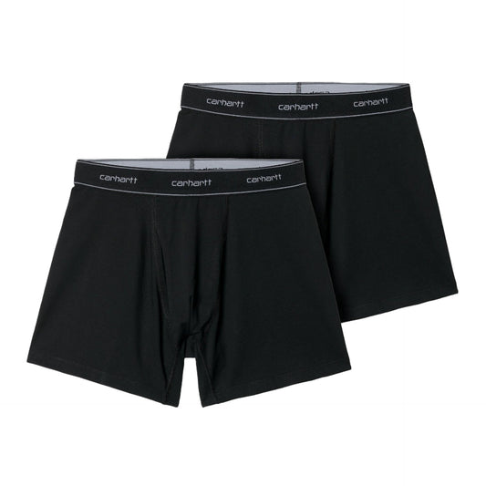 Two pairs of black boxer briefs with Carhartt waistband on a white background