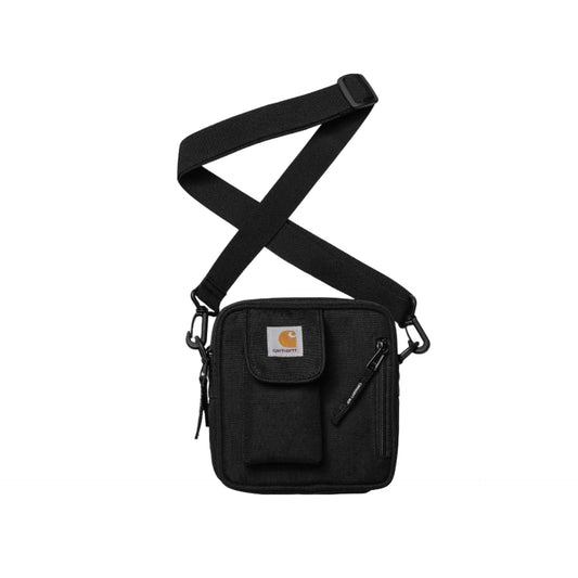 Black crossbody bag with a strap on a white background