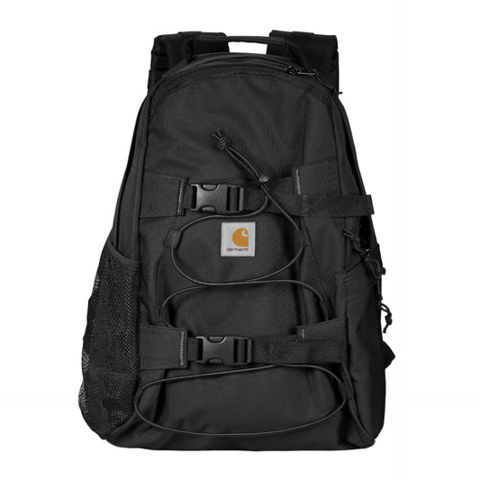 Black backpack with a visible brand logo on a white background
