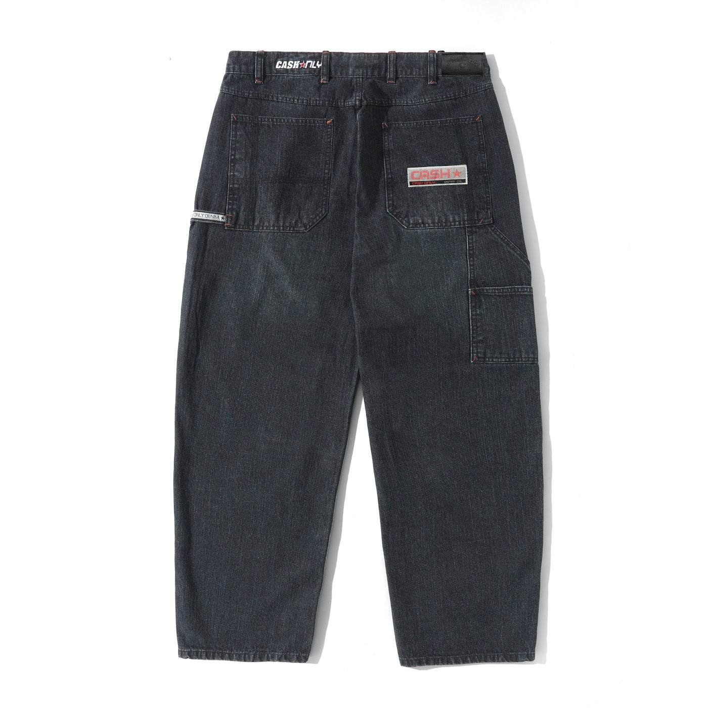 Black pants with visible branding on a white background