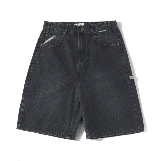 Black denim shorts on a white background