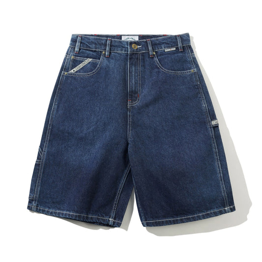 Blue denim shorts on a white background