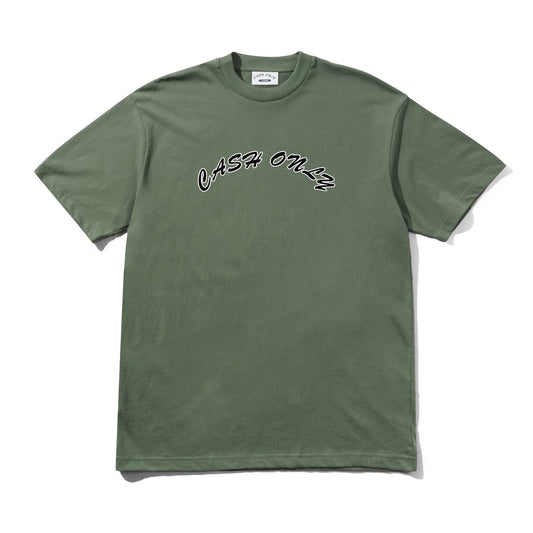 Green t-shirt with 'CASH ONly' text on a white background