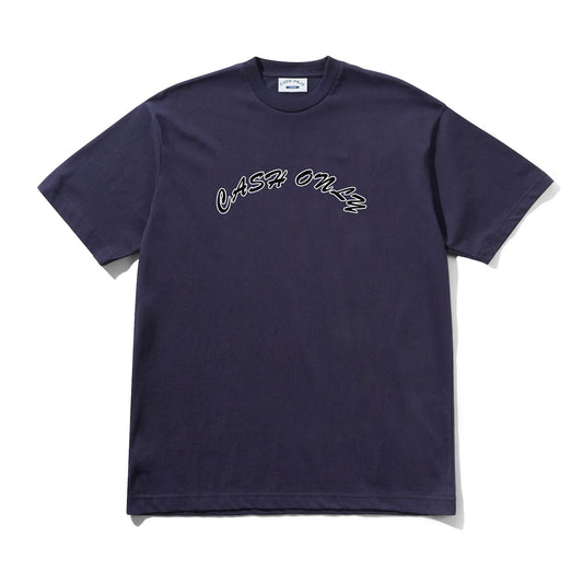 Navy blue t-shirt with white text on a white background