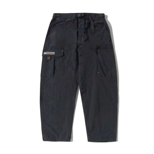 Black pants with a brand logo on a white background
