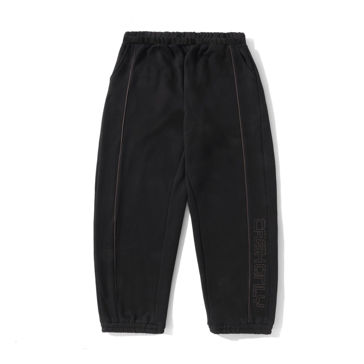 Black pants with a brand logo on a white background