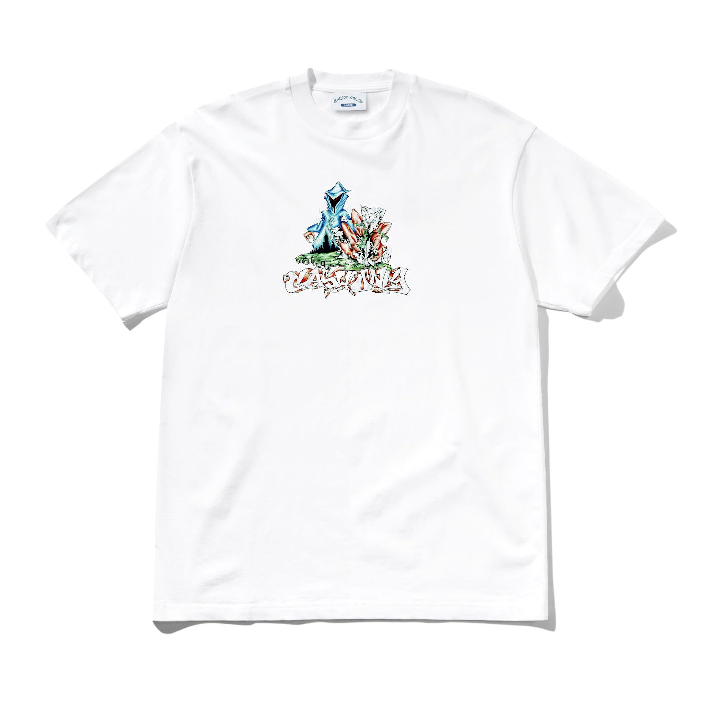 White t-shirt with a colorful graphic design on a white background