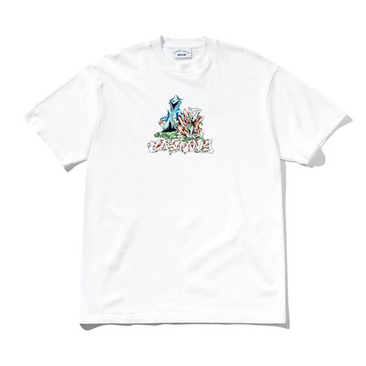 White t-shirt with a colorful graphic design on a white background