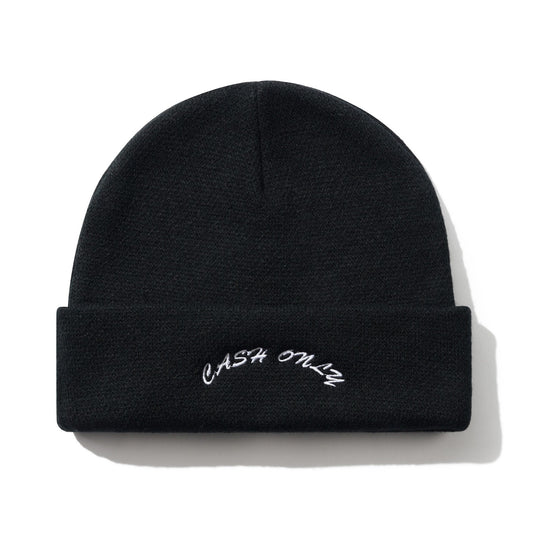 Black beanie with 'Cash Only' embroidery on a white background