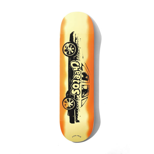 Skateboard deck with a yellow and black design on a white background