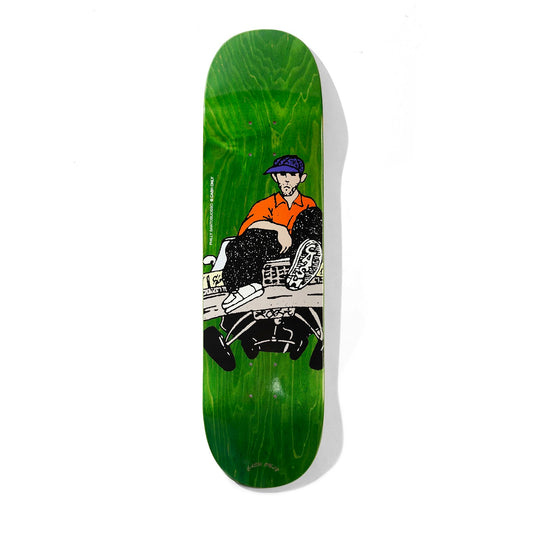 Skateboard deck with a graphic of a person sitting on a bench on a green background